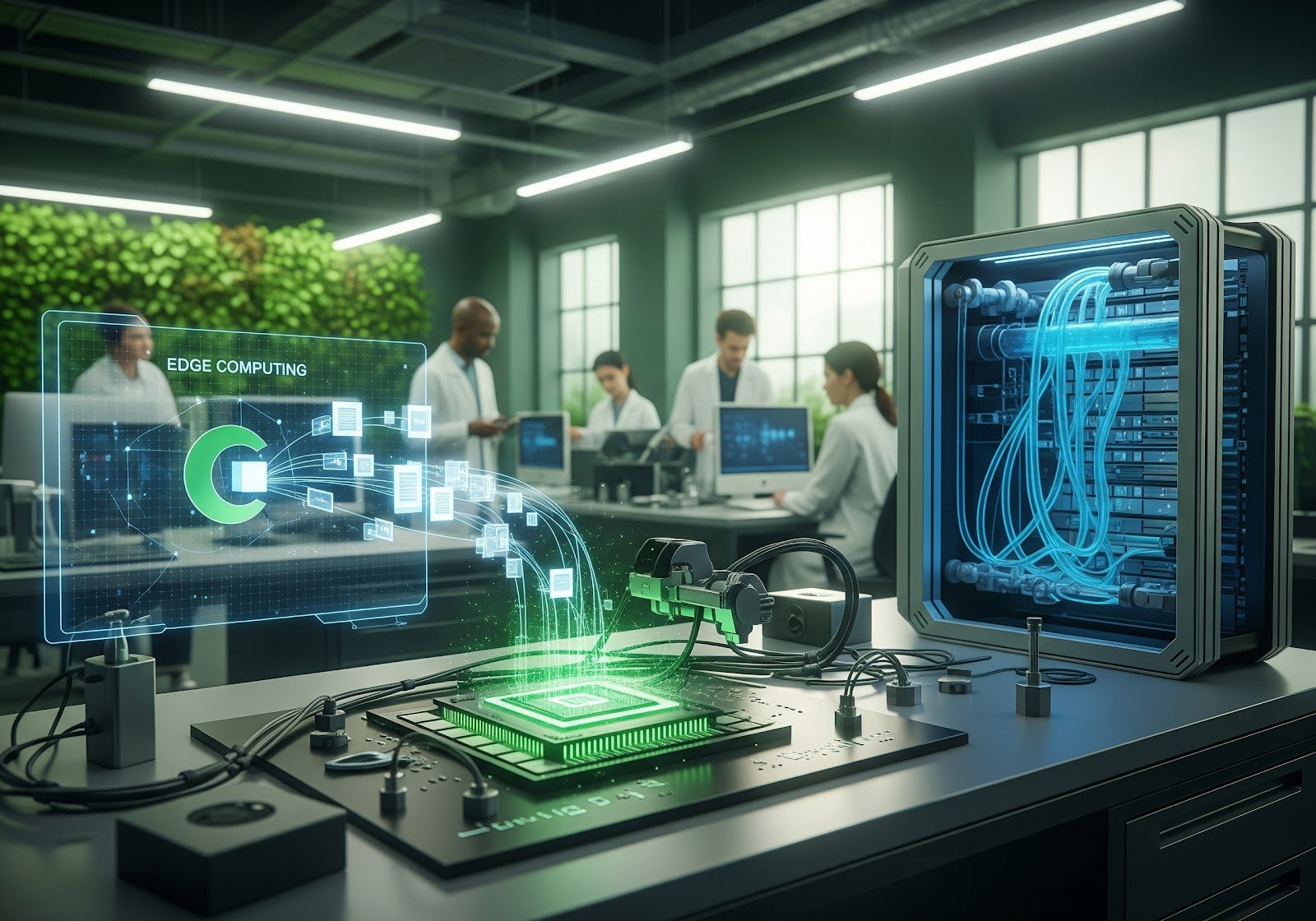 A futuristic lab showing edge computing concepts.