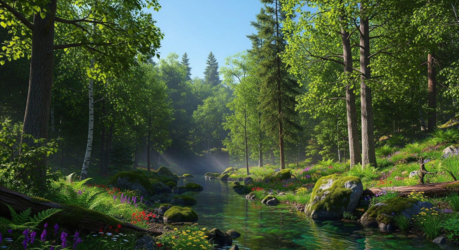 A lush forest with a stream