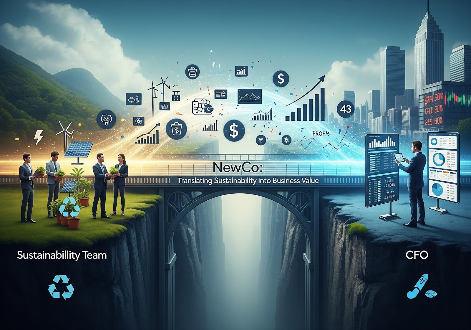 A bridge connecting the sustainability team to the CFO, translating ideas into business value