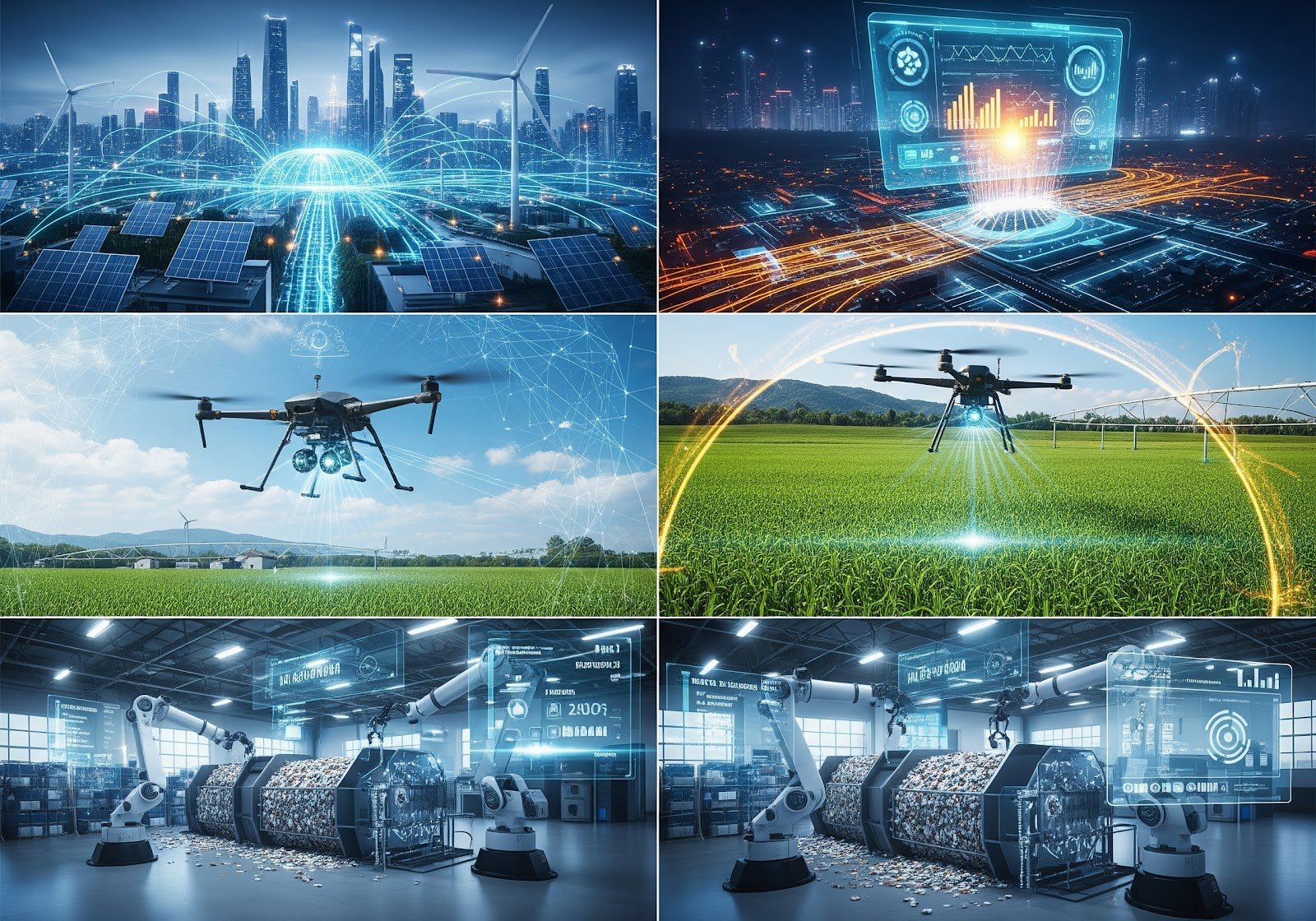 A grid of images showing AI in smart cities, agriculture, and manufacturing.