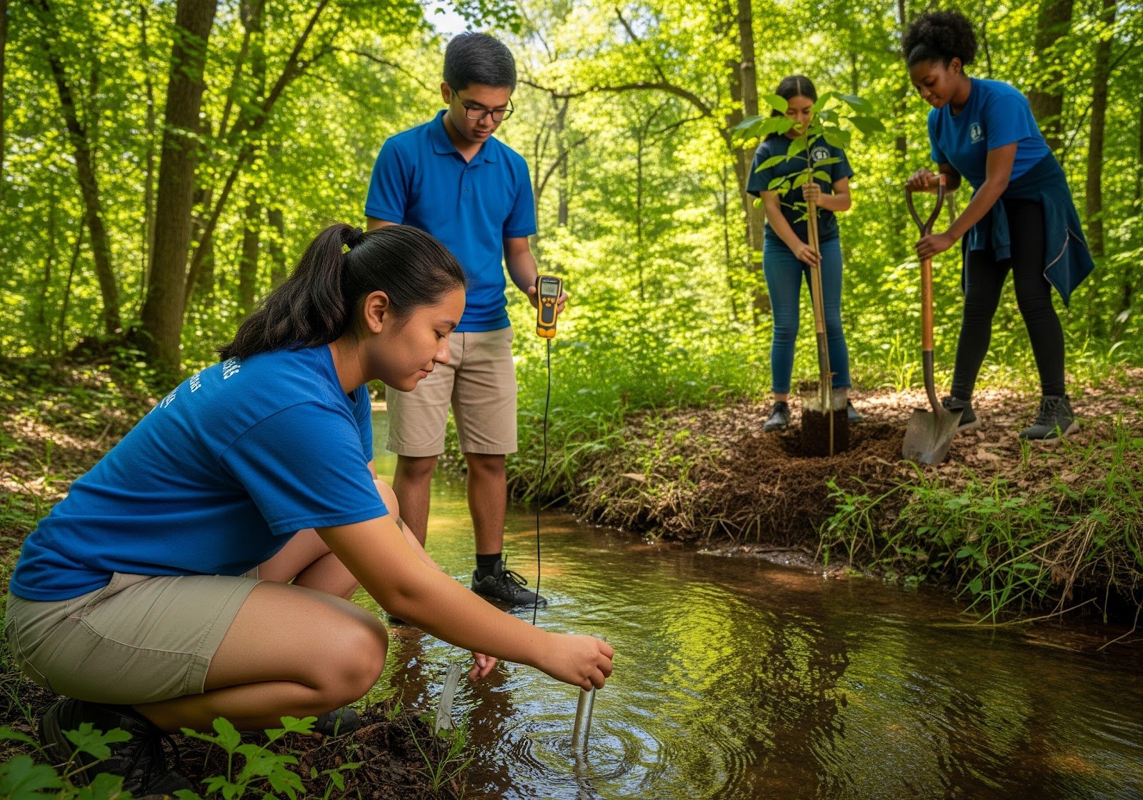 A group of students in a forest testing water quality in a stream.